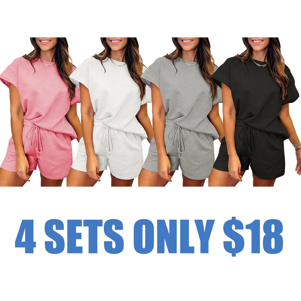 Women's Solid Textured Batwing Sleeve T-shirt & Drawstring Waist Shorts Set(Just $3 a set!)