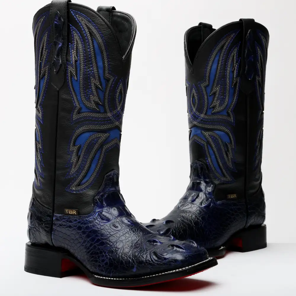 Black/Blue Giant Caiman Neck Leather Boots - Square Toe