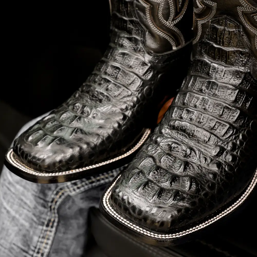 Black Caiman Neck Leather Boots - Square Toe