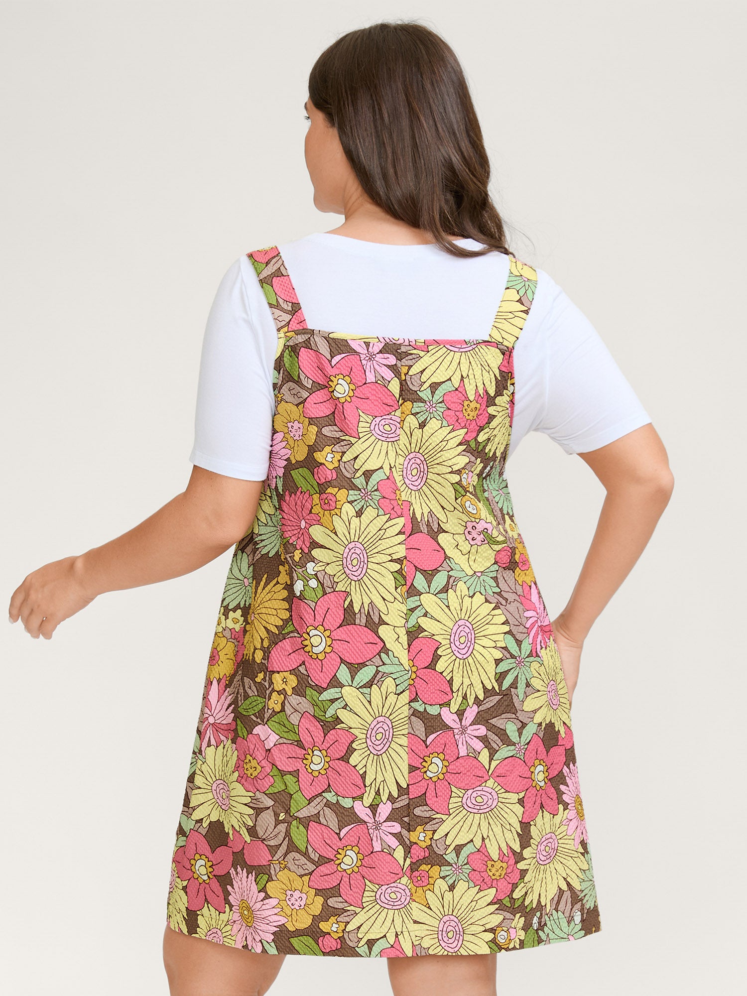 Floral Print Textured Overall Straps Dress