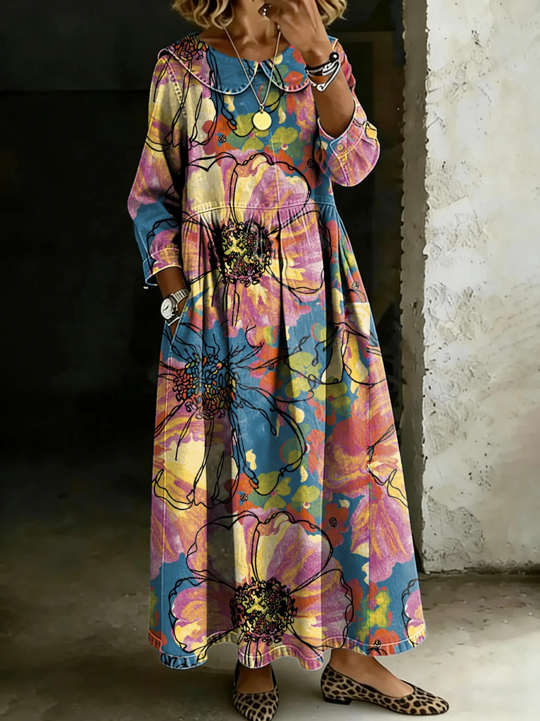 Women's Retro Multicolor Floral Splicing Long-sleeved Loose-fitting Casual Denim Dress