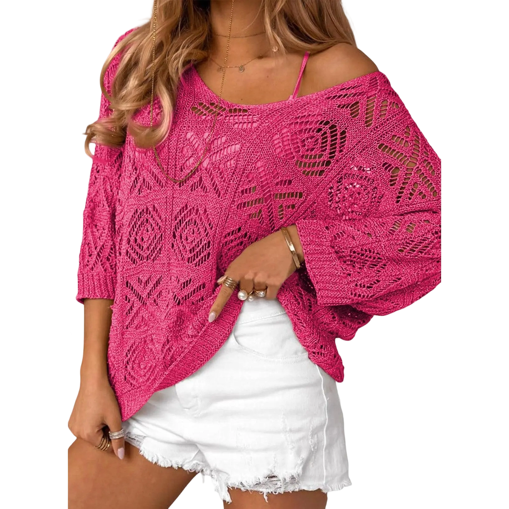 ✨ Women’s Crochet Hollow-Out Off-Shoulder Top – Lightweight 3/4 Sleeve Summer Sweater