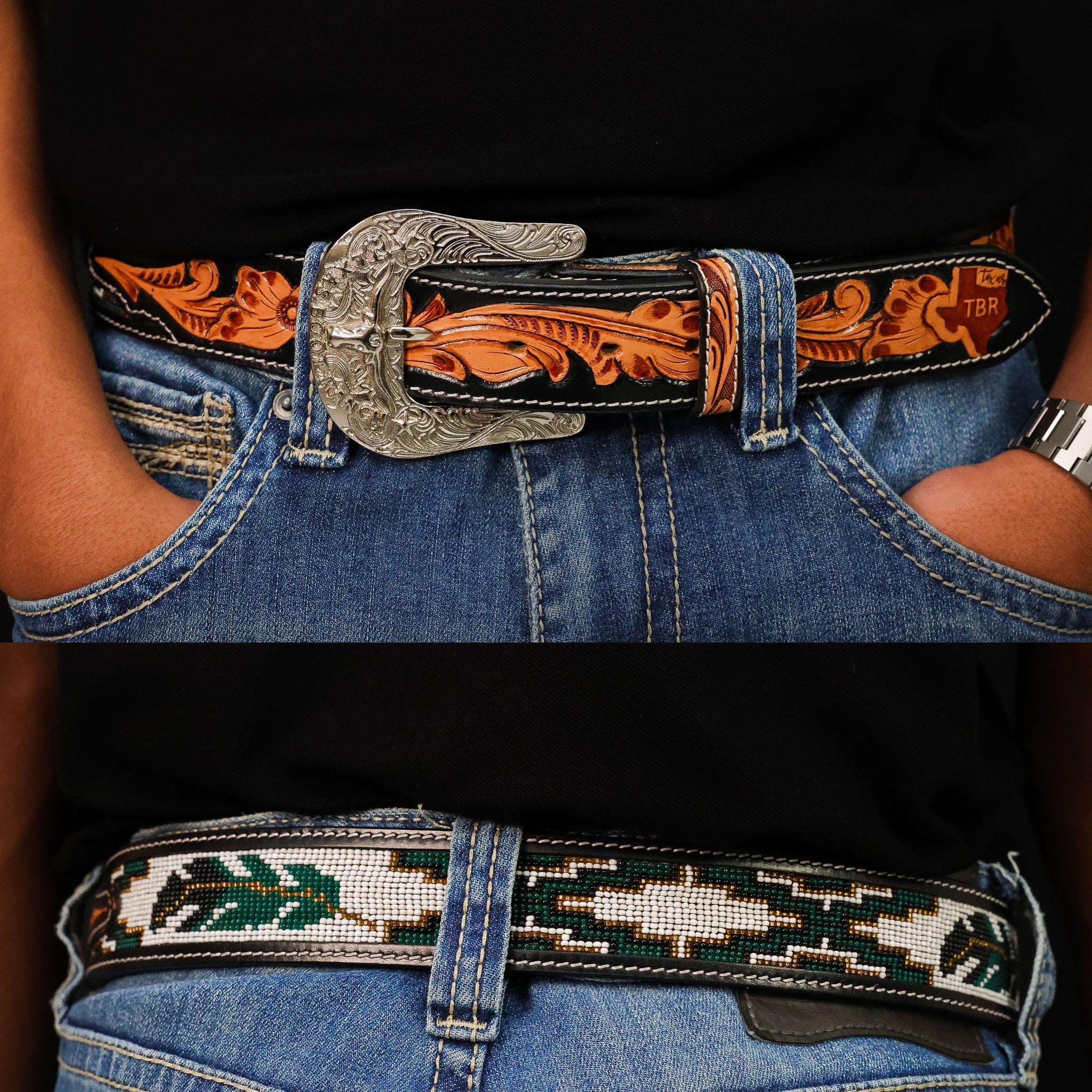 Hand-Tooled Artesanal Beaded Leather Belt