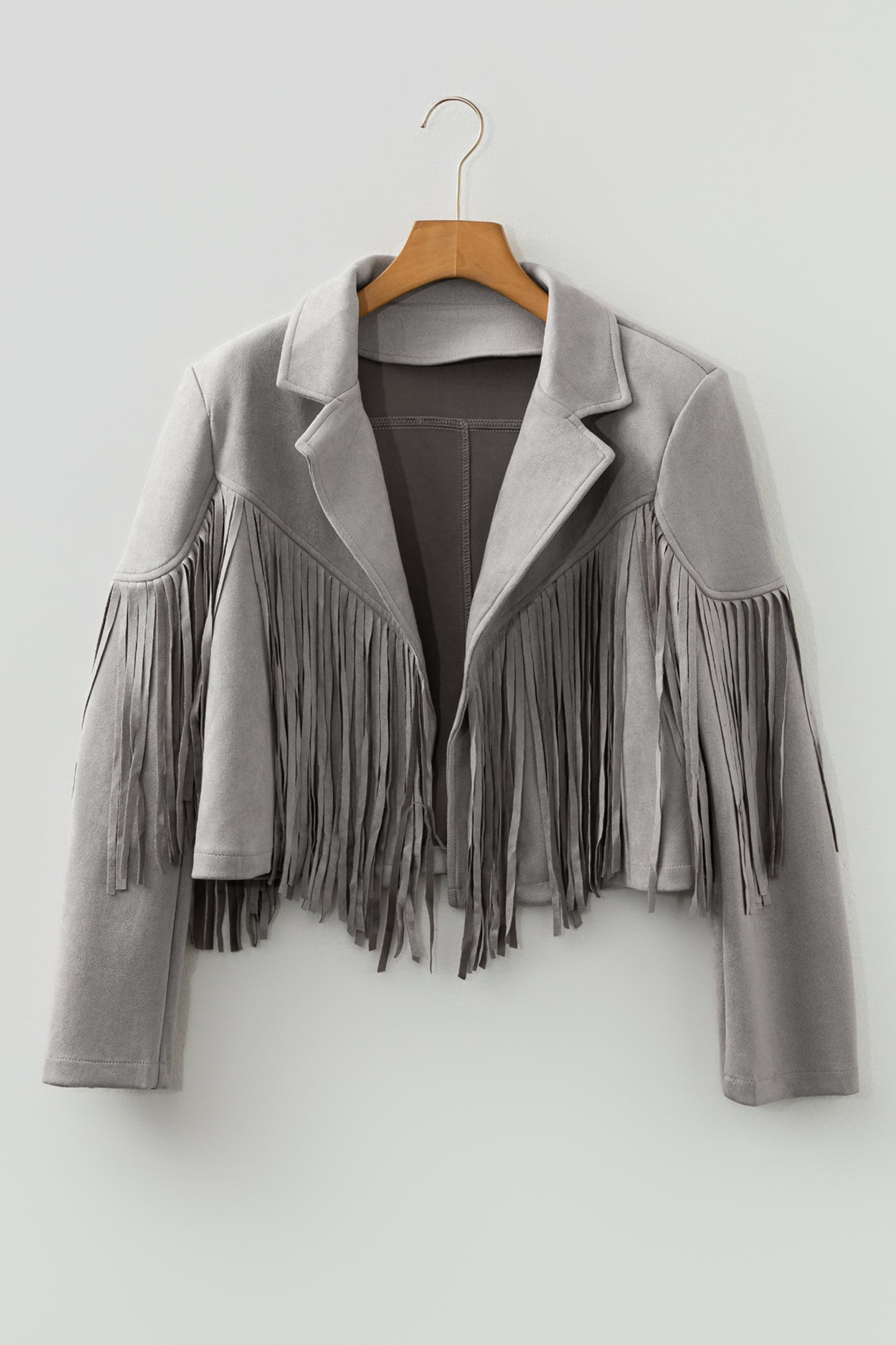 Gray Cropped Fringe Faux Suede Jacket