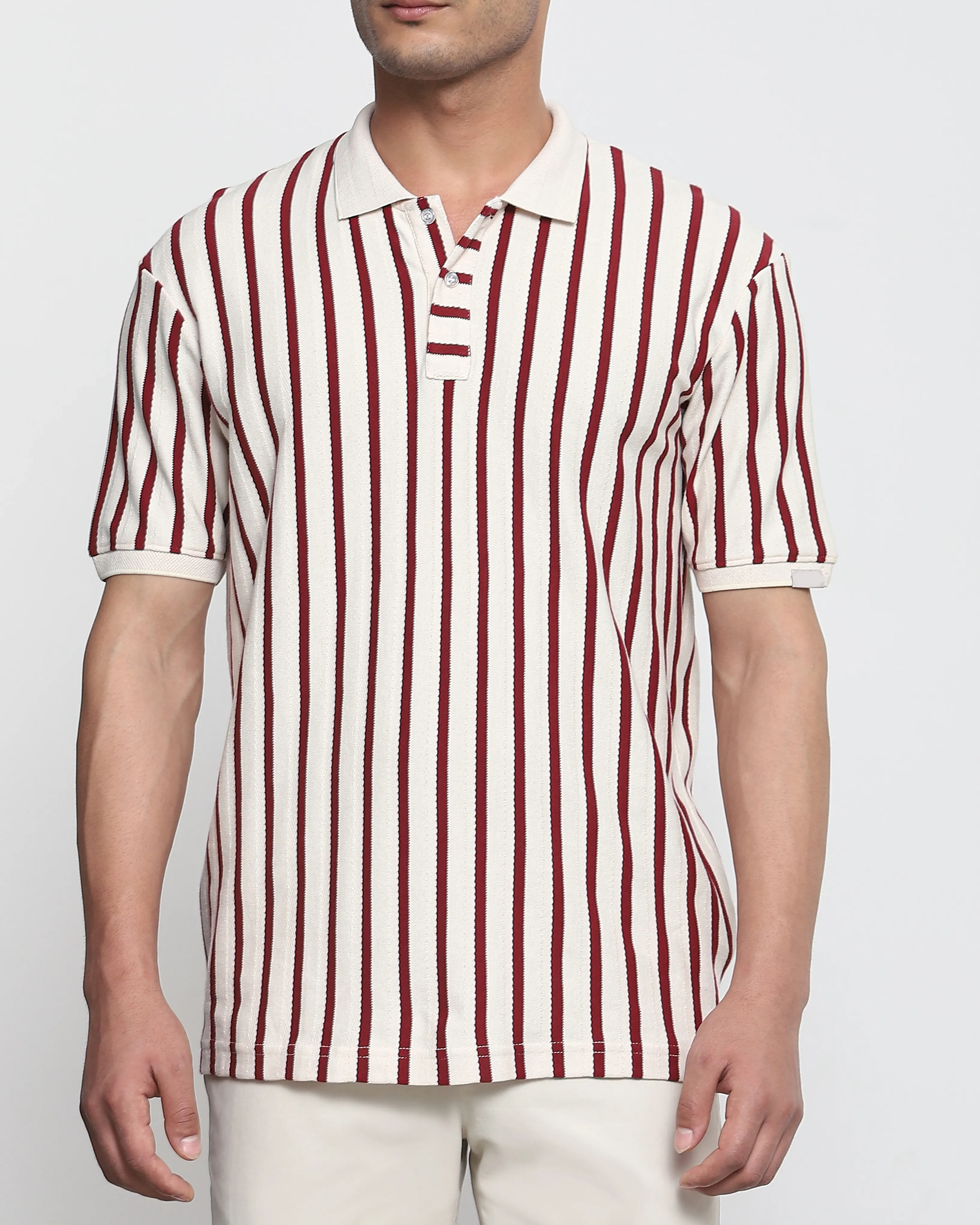 Daily Simple Maroon Striped Textured  Polo Shirt