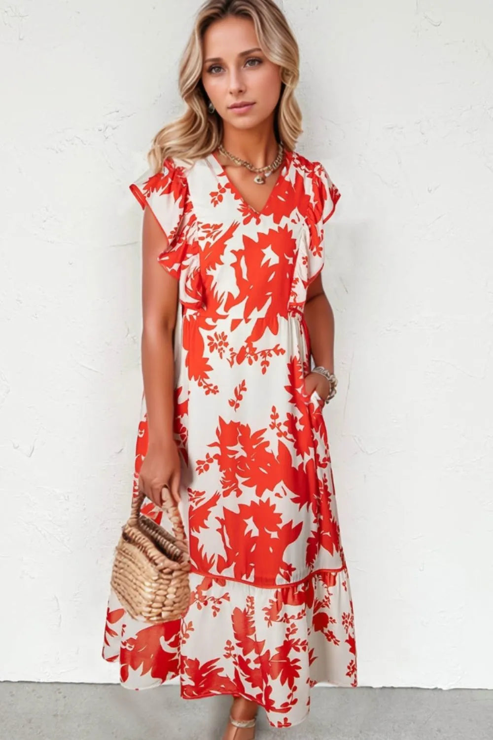 Floral V-Neck Summer Midi Dress