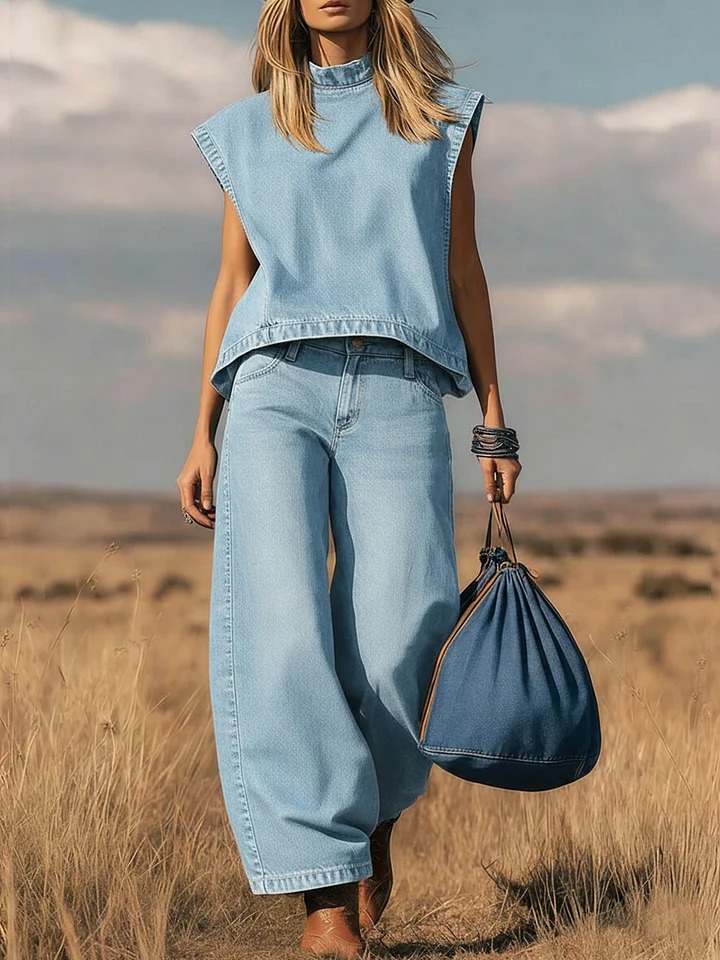 Women's Stand-collar Sleeveless Casual Loose Top And High-waisted Loose Wide-leg Denim Pants Set.
