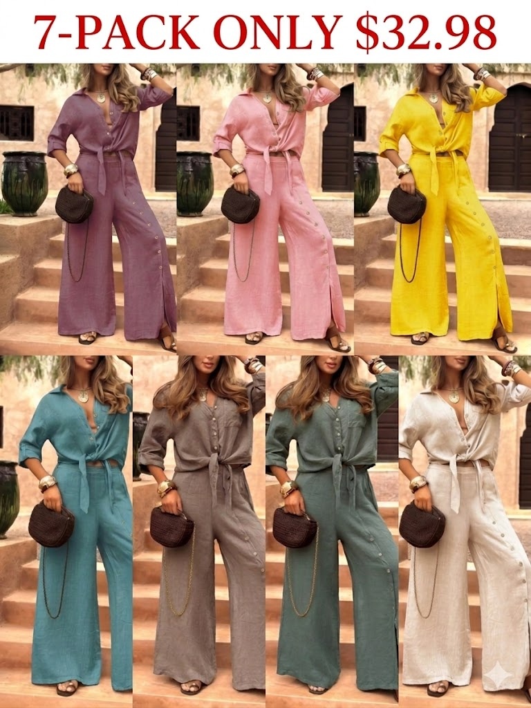 Women's Long Sleeve Loose Fit Shirt Set with Tie Hem