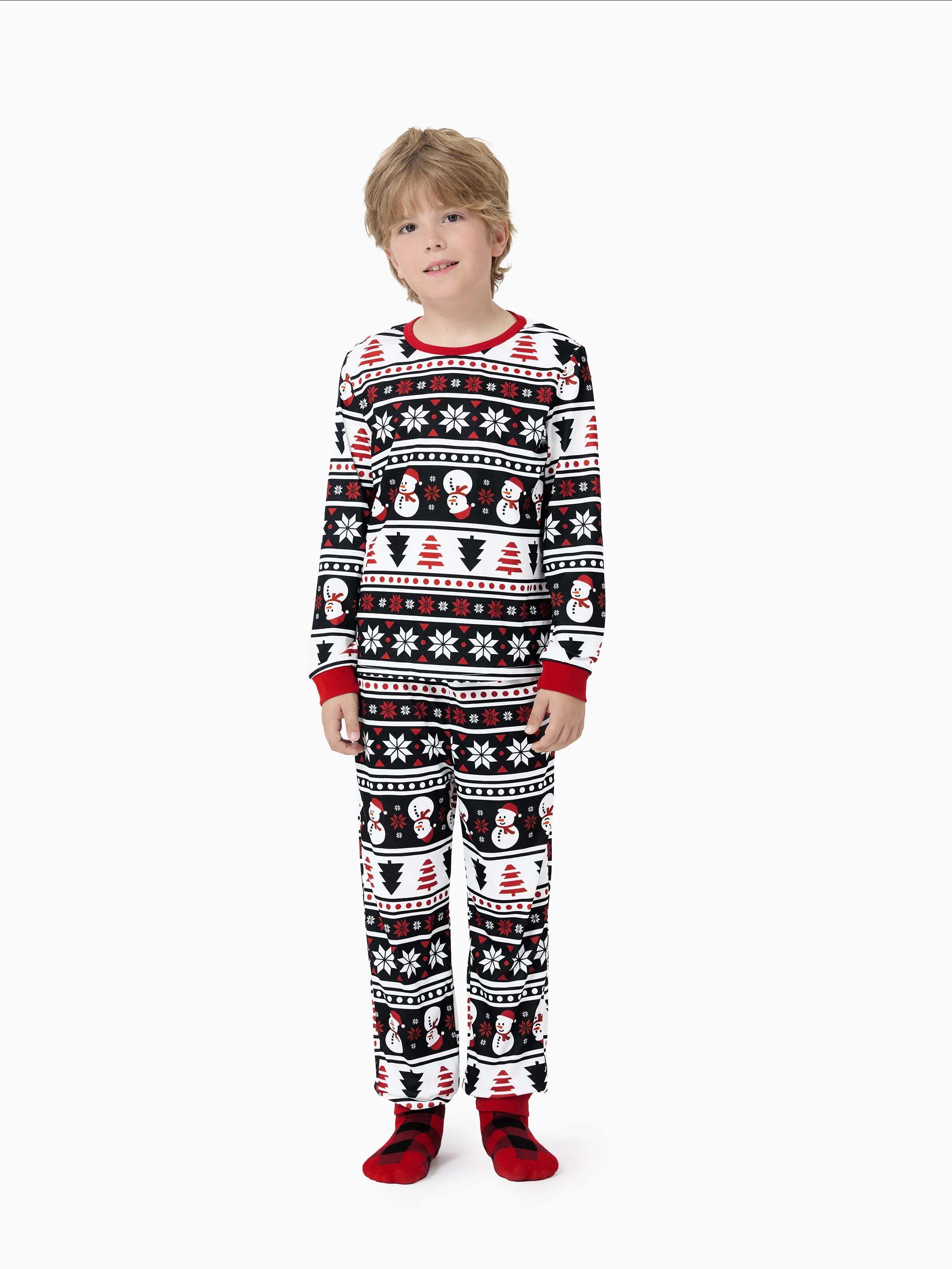 Christmas Matching Family Pajamas Set Snowman and Christmas Tree Print Black PJS with Christmas Socks Black