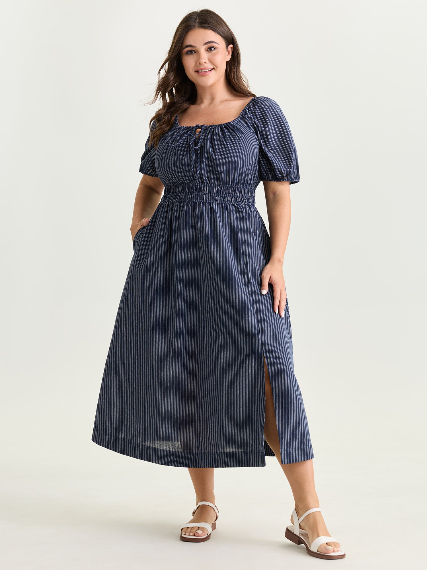Striped Drawstring Neckline Split Hem Midi Dress