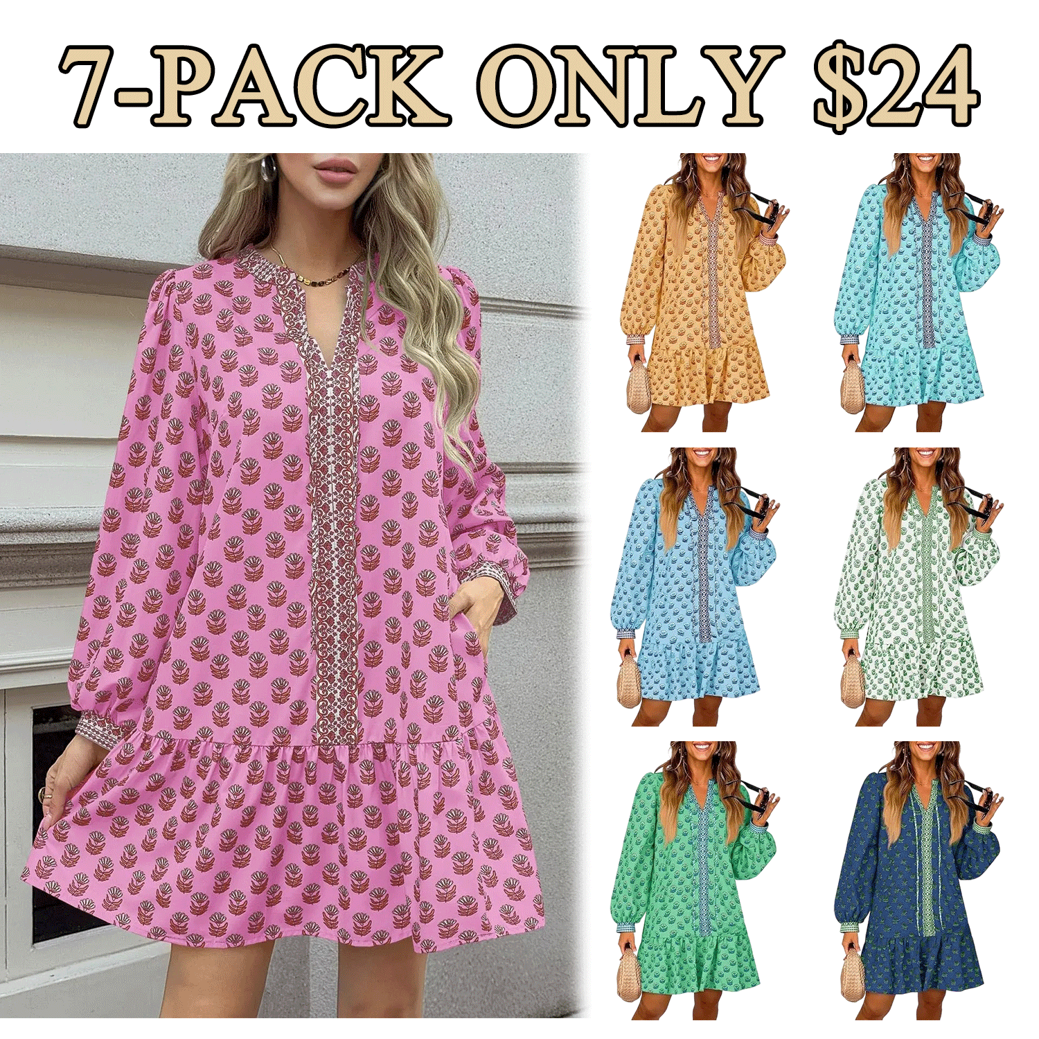 Women’s Floral Boho Babydoll Mini Dress – Long Sleeve Casual V-Neck with Pockets