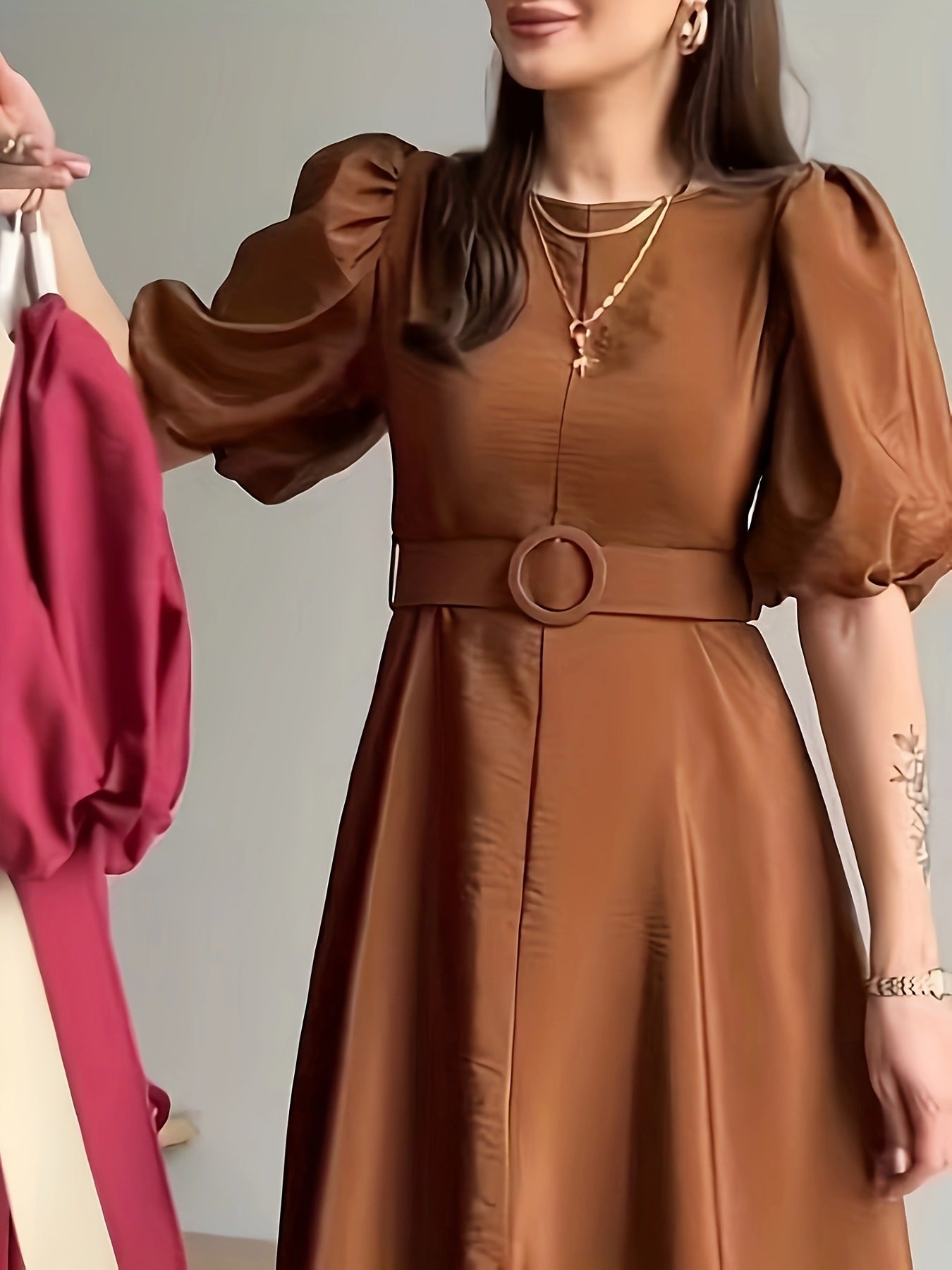 Belted Puff Sleeve Midi Dress