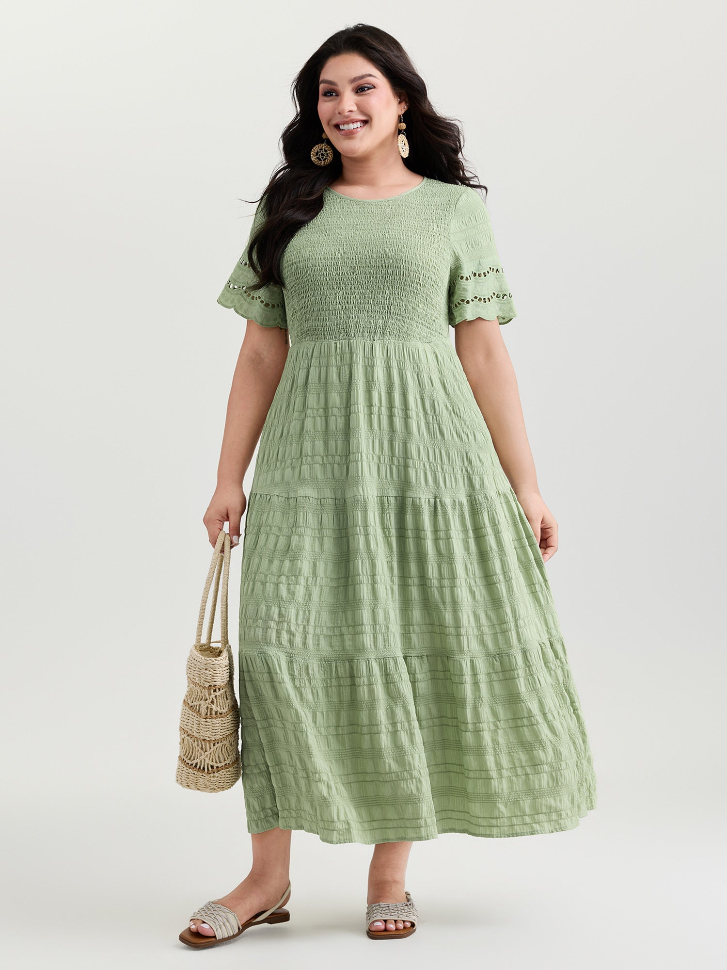 Shirred Lace Flounce Sleeve Tiered Maxi Dress