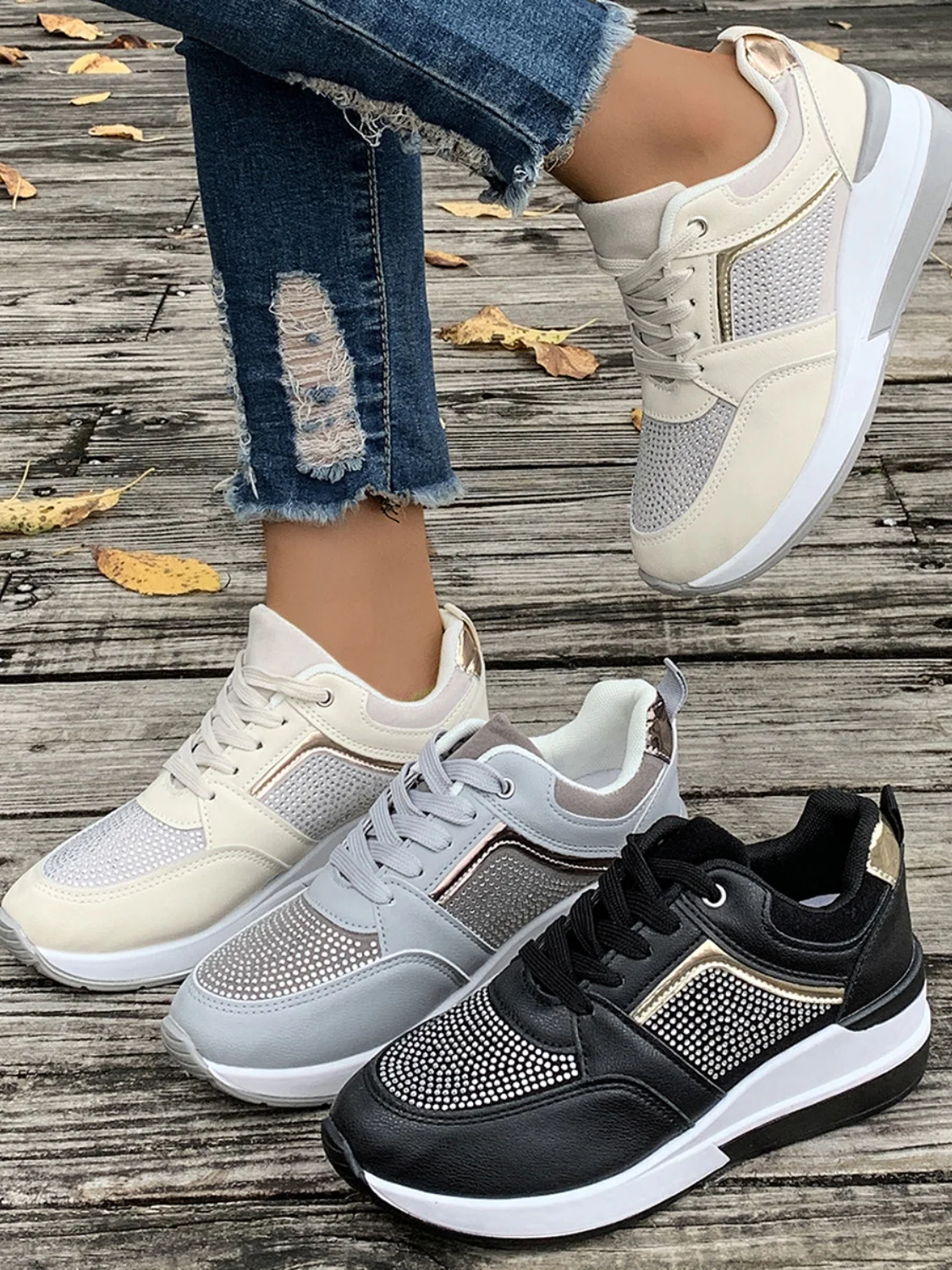 Lace-Up Rhinestone Wedge Sneakers (multiple color options)