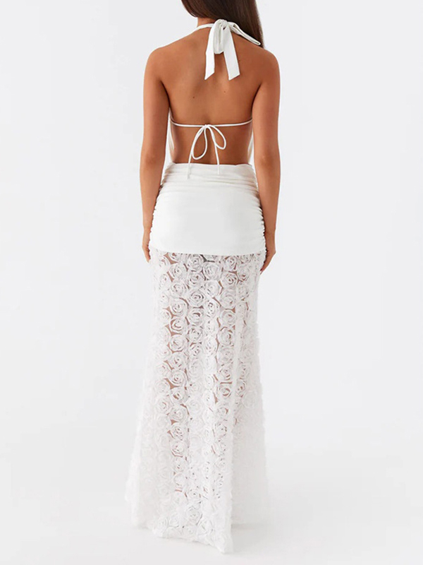 3D Flower Mesh Splicing Sleeveless Halterneck Sexy Memaid Maxi Dresses