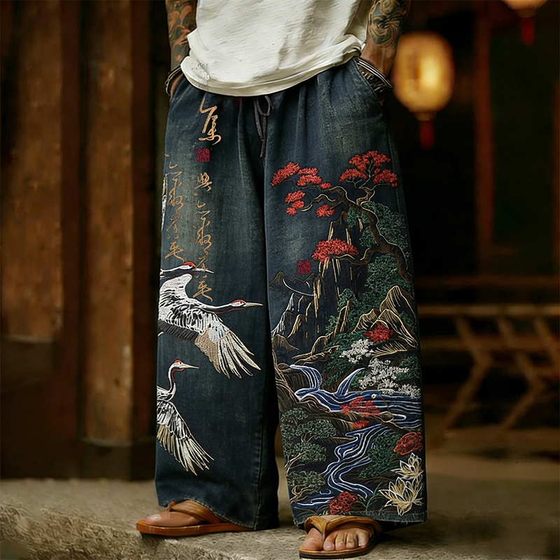 Men's Retro Japanese Crane With Landscape Art Linen Pants