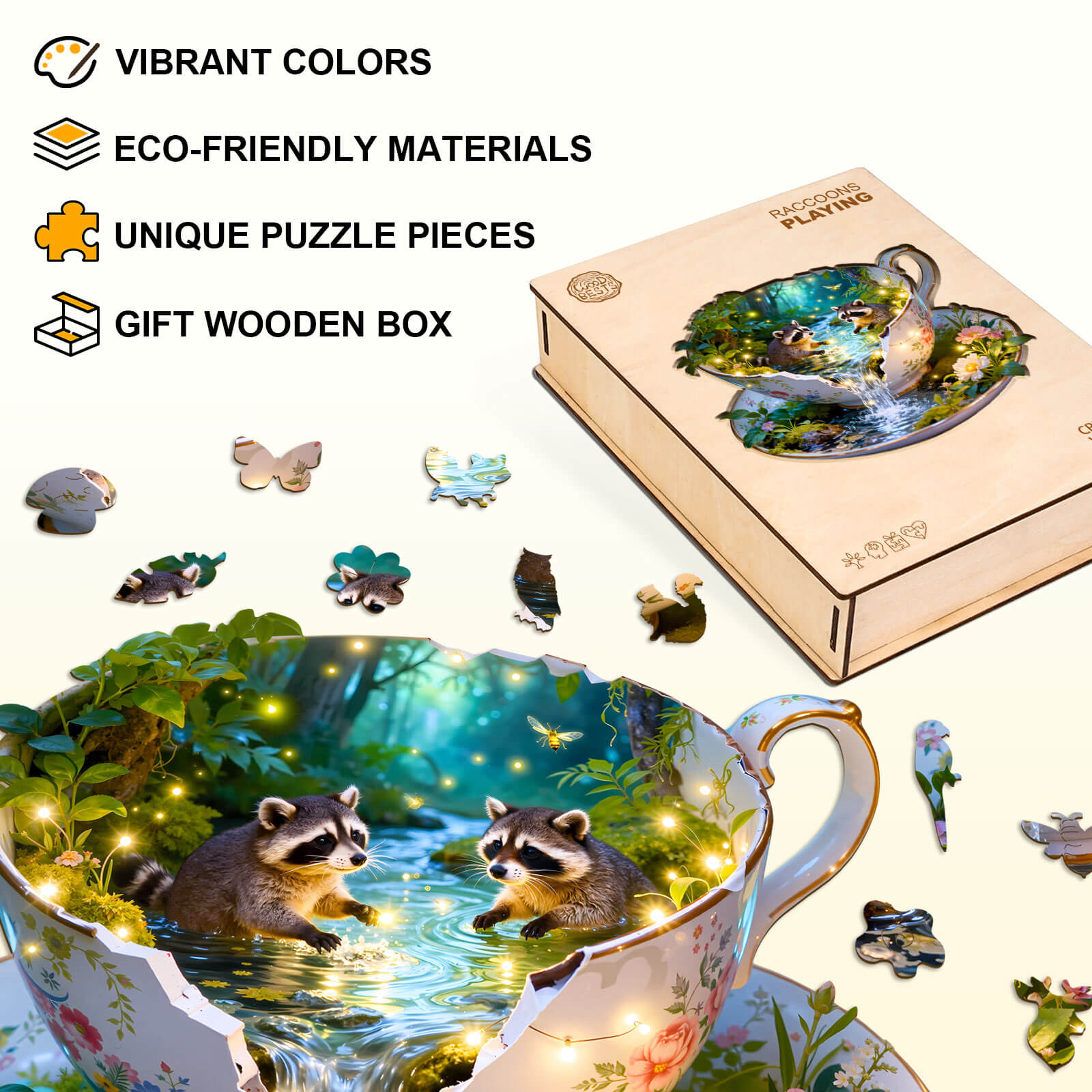 Raccoons Playing Wooden Jigsaw Puzzle