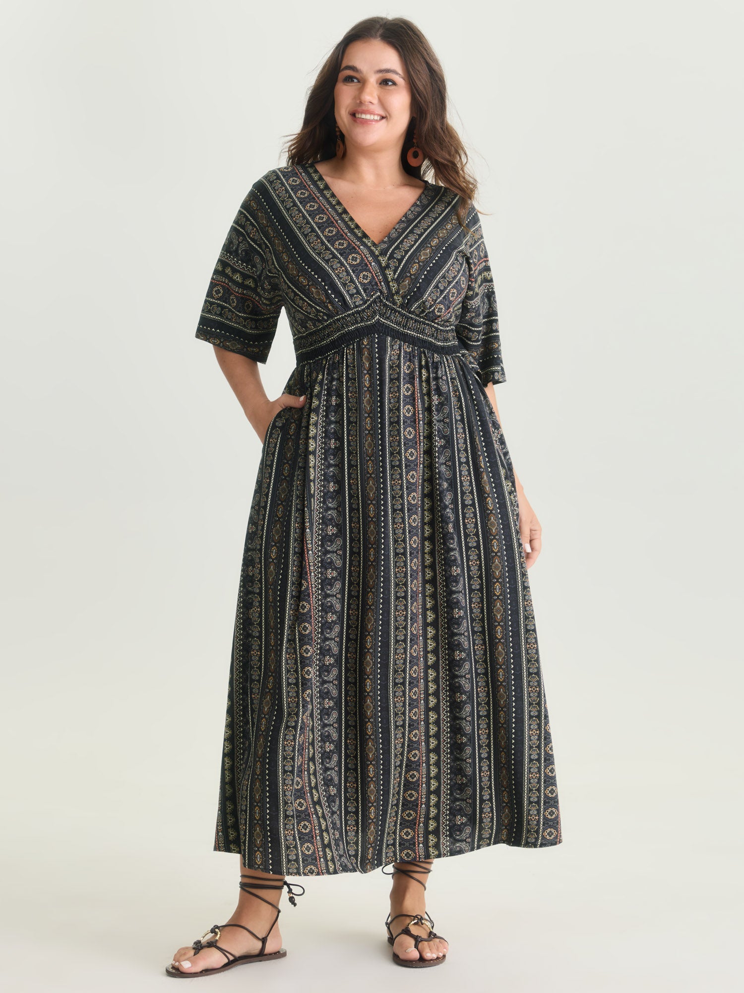 Striped Contrast Dolman Sleeve Shirred Pocket Split Flutter Dress