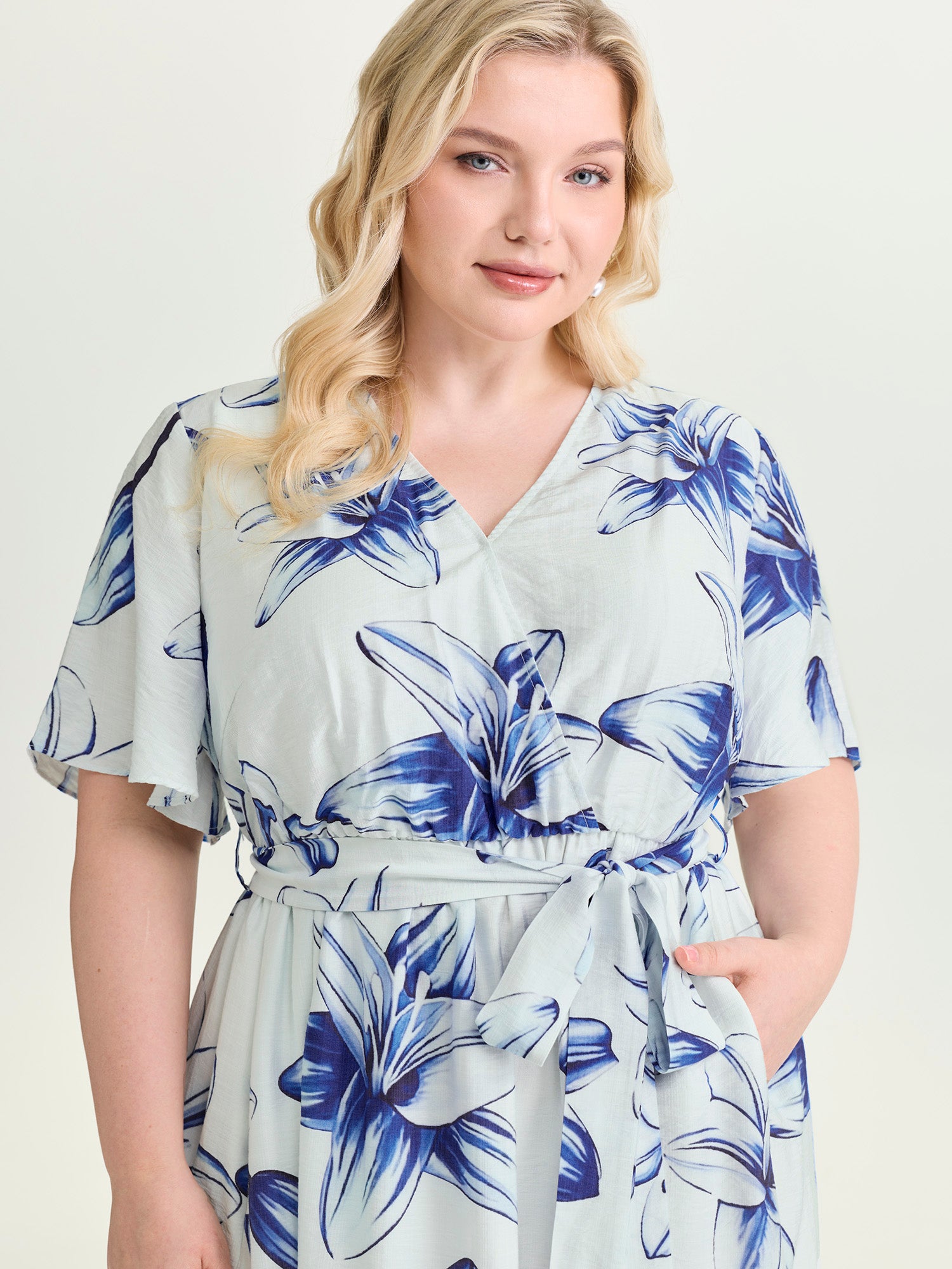 Large Floral Print Wrap Ruffled Hem Midi Dress