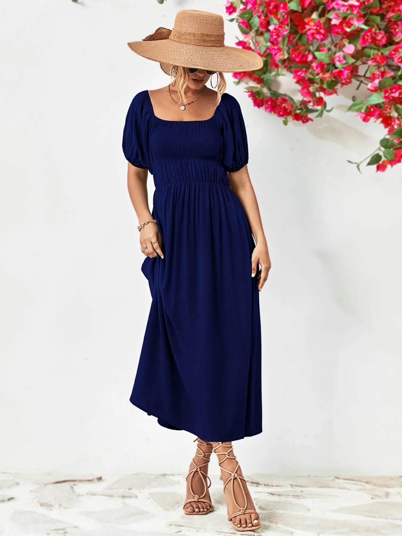 Off-Shoulder Puff Sleeve Smocked Maxi Dress