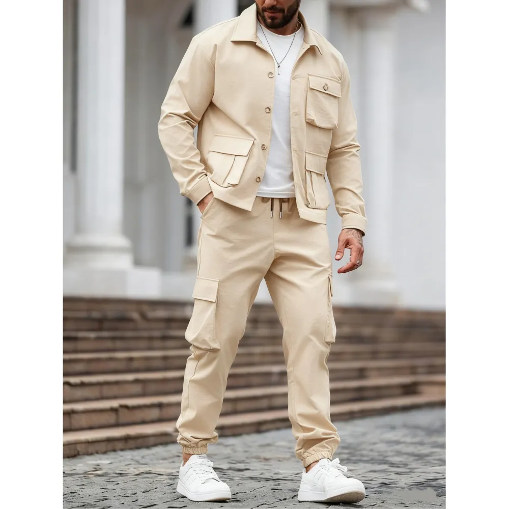 Men's Solid Color Pocket Button Front Jackets & Pants Two-Piece Set