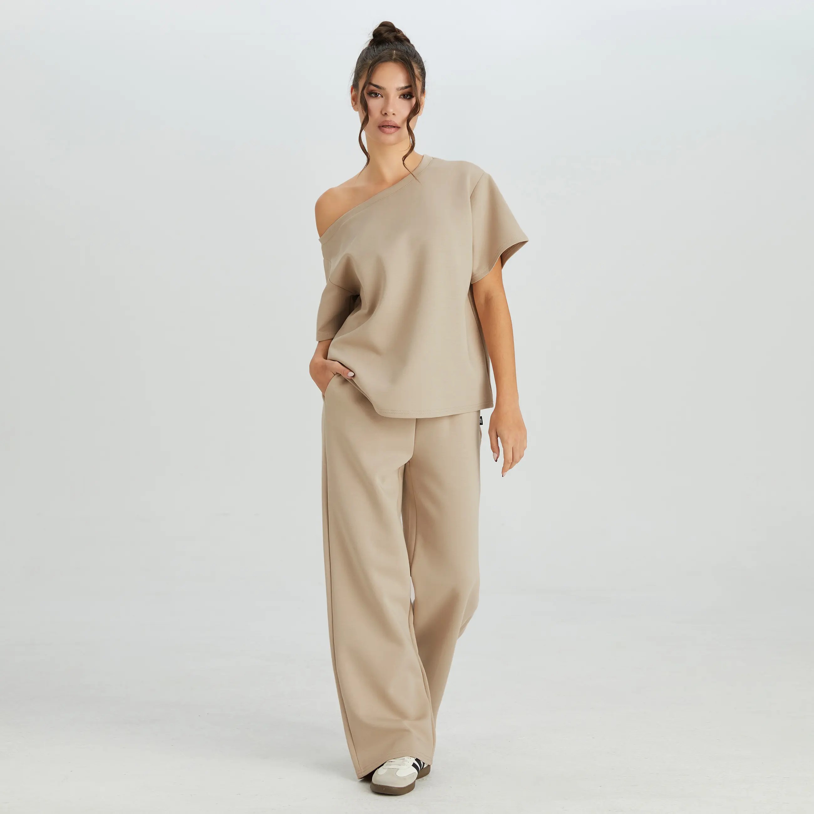 🔥Easter Sale!Women's Leisure Solid Color Sloping Shoulder Short Sleeve Top & Drawstring Waist Wide Leg Trousers Co-ord