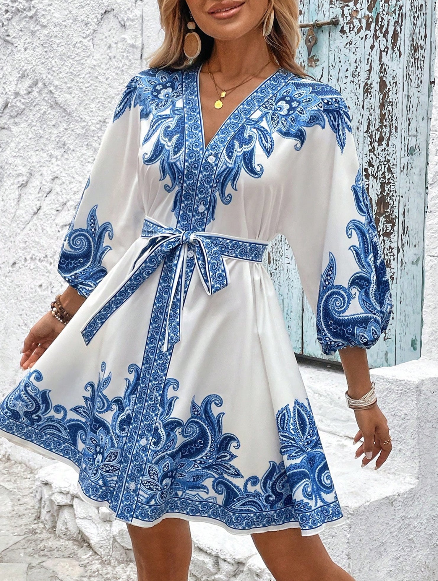 Tie Waist Print Midi Dress