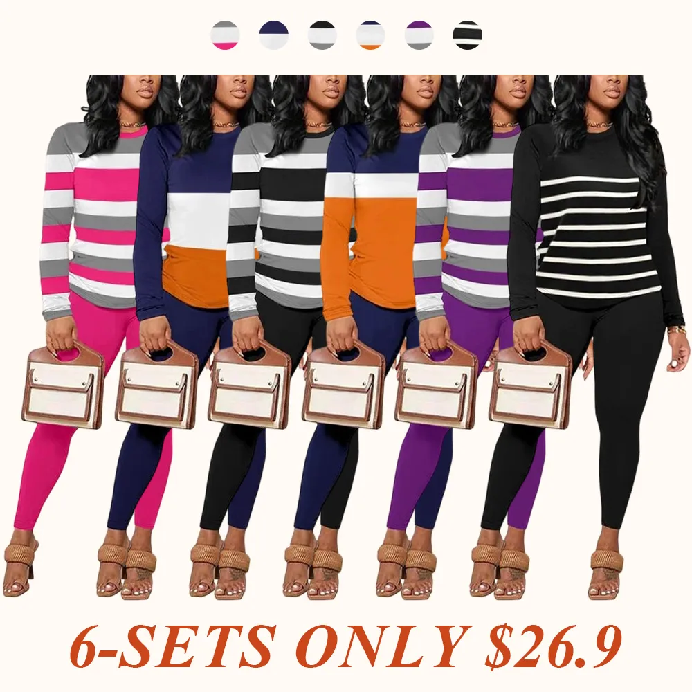 Two-Piece Set Women's Striped Print Long Sleeve Tee & Skinny Pants Set