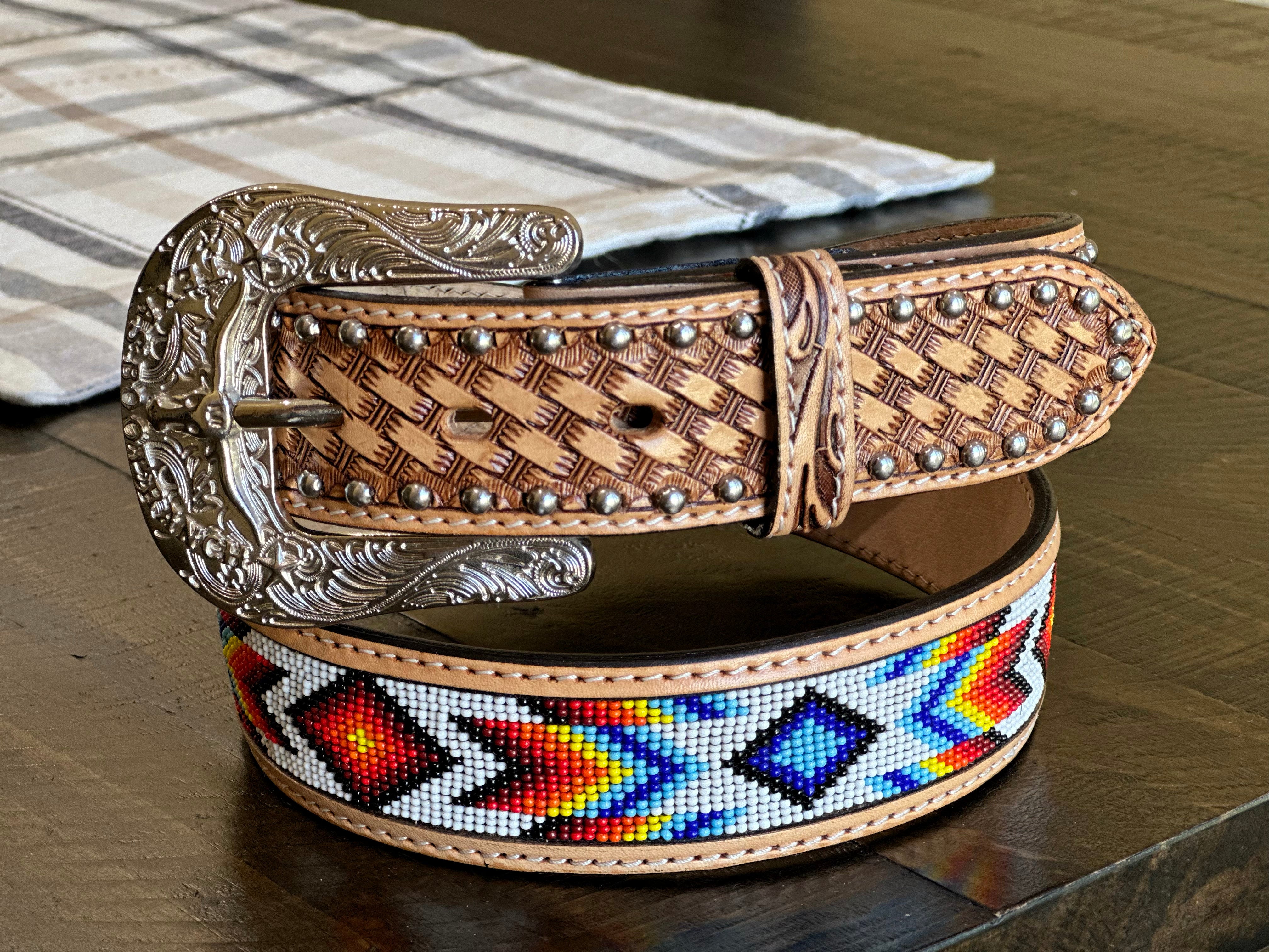 Honey Hand-Tooled Artesanal Tabs With Silver Studs With White and Red/Blue Beaded Leather Belt