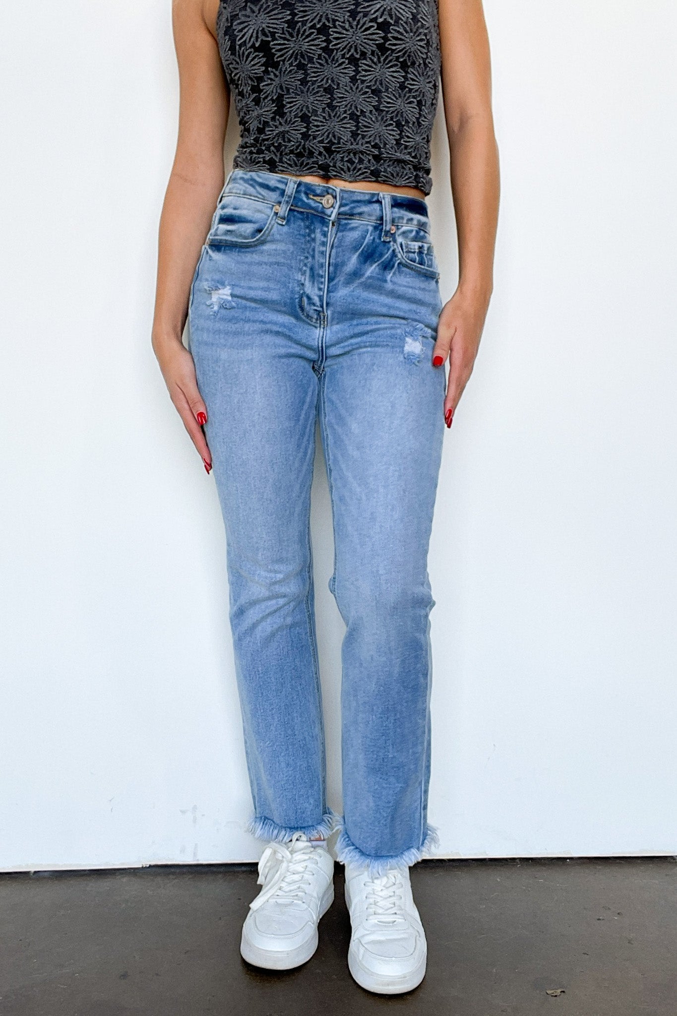 High Rise Raw Hem Straight Jeans