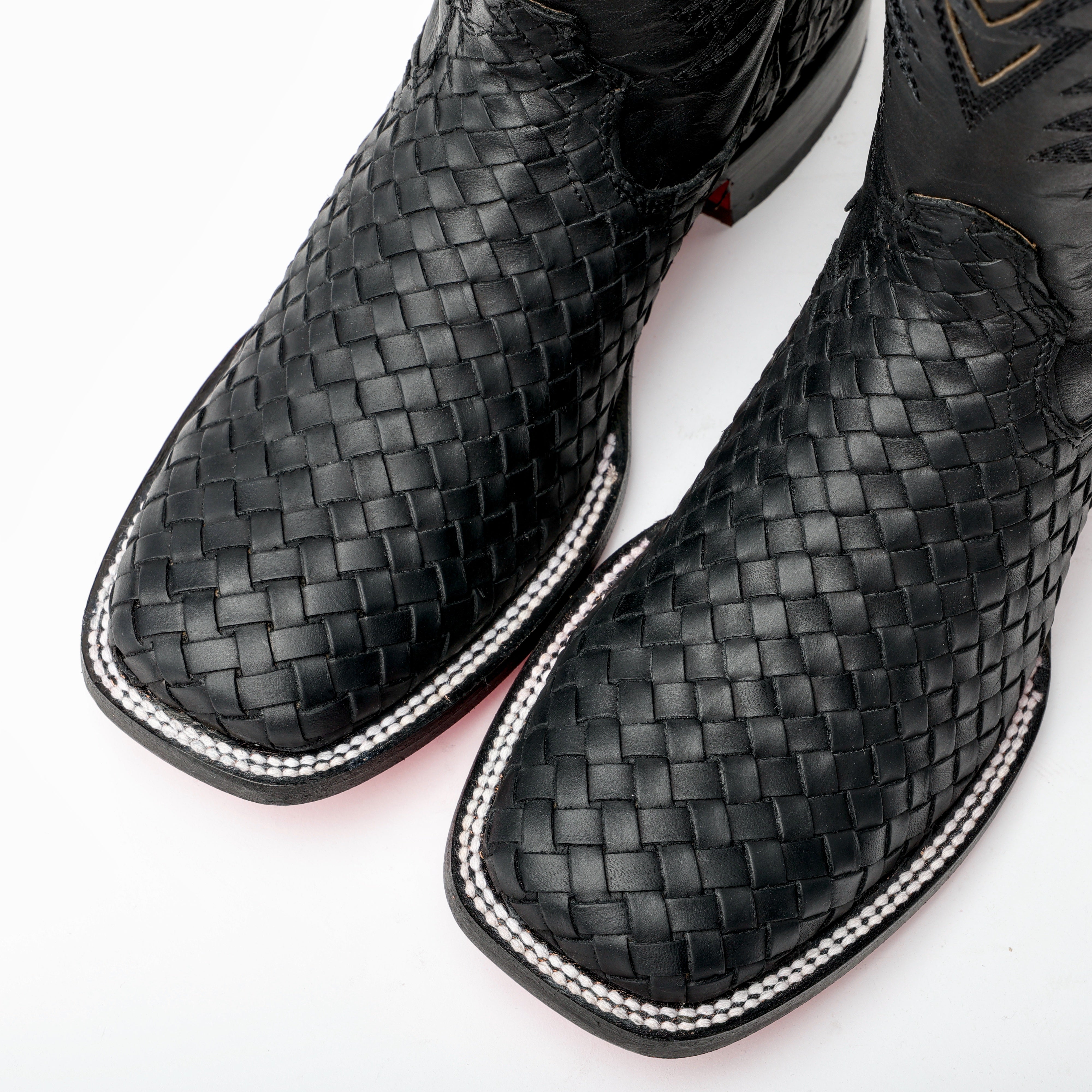 Black Basketweave Leather Boots - Square Toe