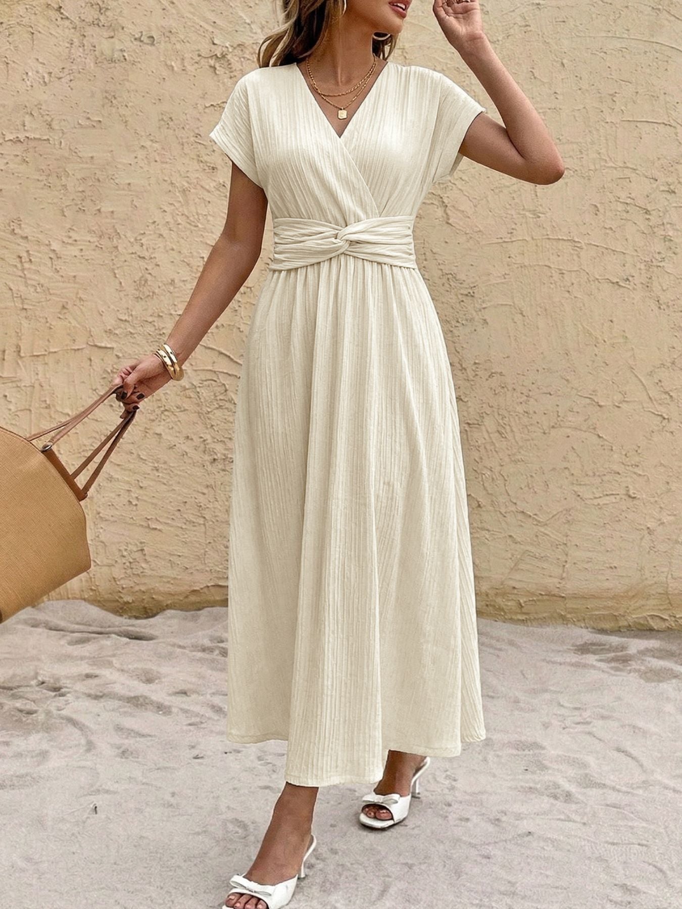 Surplice Short Sleeve Midi Dress