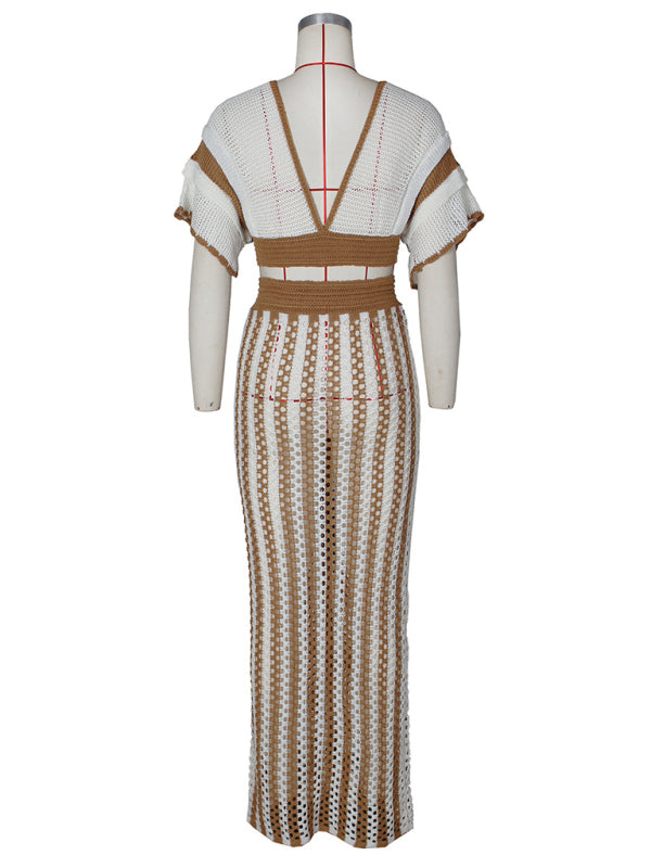 Deep V-Neck Hollow Knit Striped Floor Length Dress
