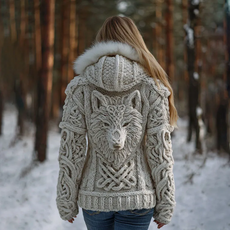 Women's Viking Wolf Celtic Knot Art Cozy Fur Collar Knit Hooded Sweater Jacket