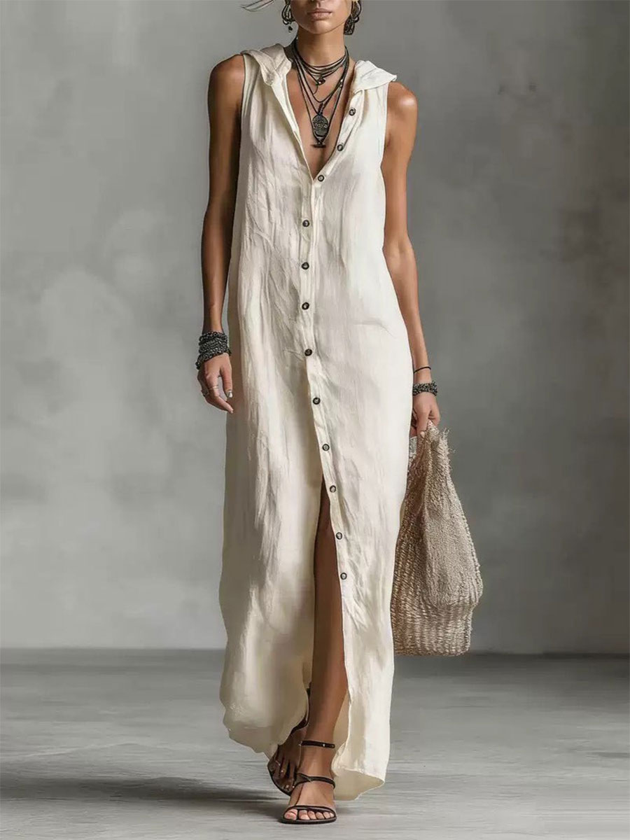 Women's Retro Hooded Solid Color Long-sleeved Cotton Linen Dress