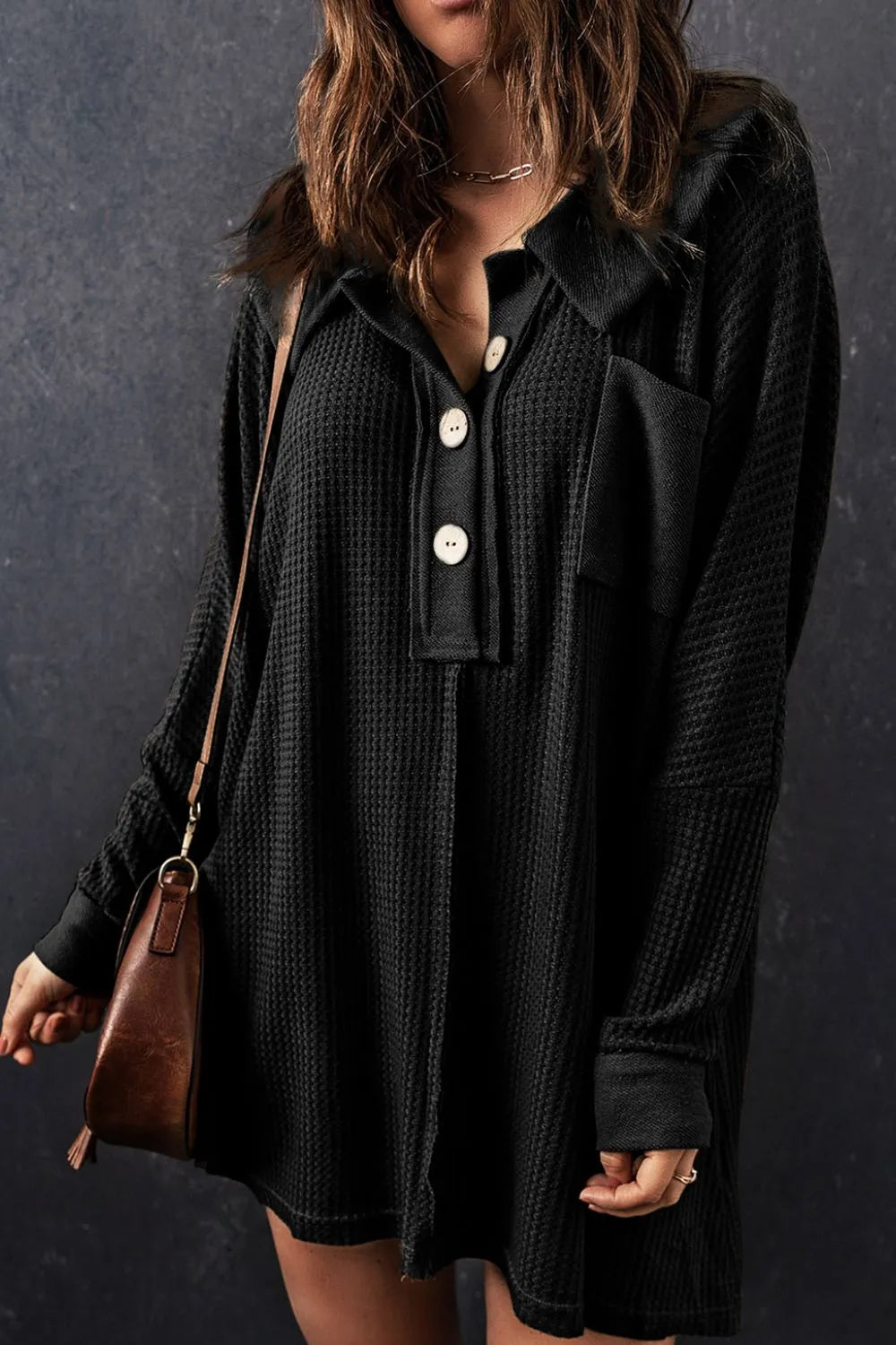 Waffle Knit Button Front Dress