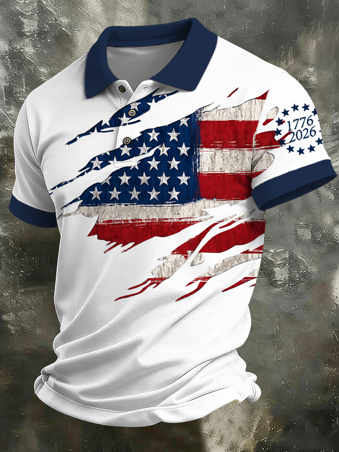 Men'S Independence Day Retro Casual Printed Polo Shirt Short Sleeve