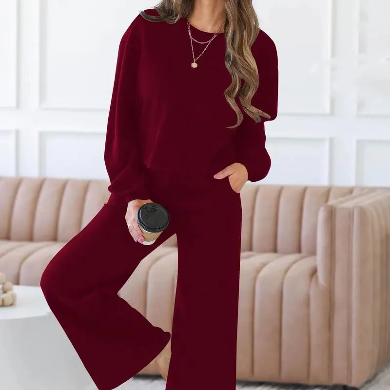 Women's Spring Fall Relaxed Fit 2-Piece Lounge Set | Long Sleeve Top & Wide Leg Pants