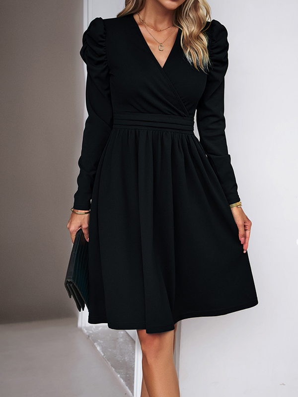 Pleated Solid Color Split-Joint Puff Sleeves Skinny V-Neck Midi Dresses