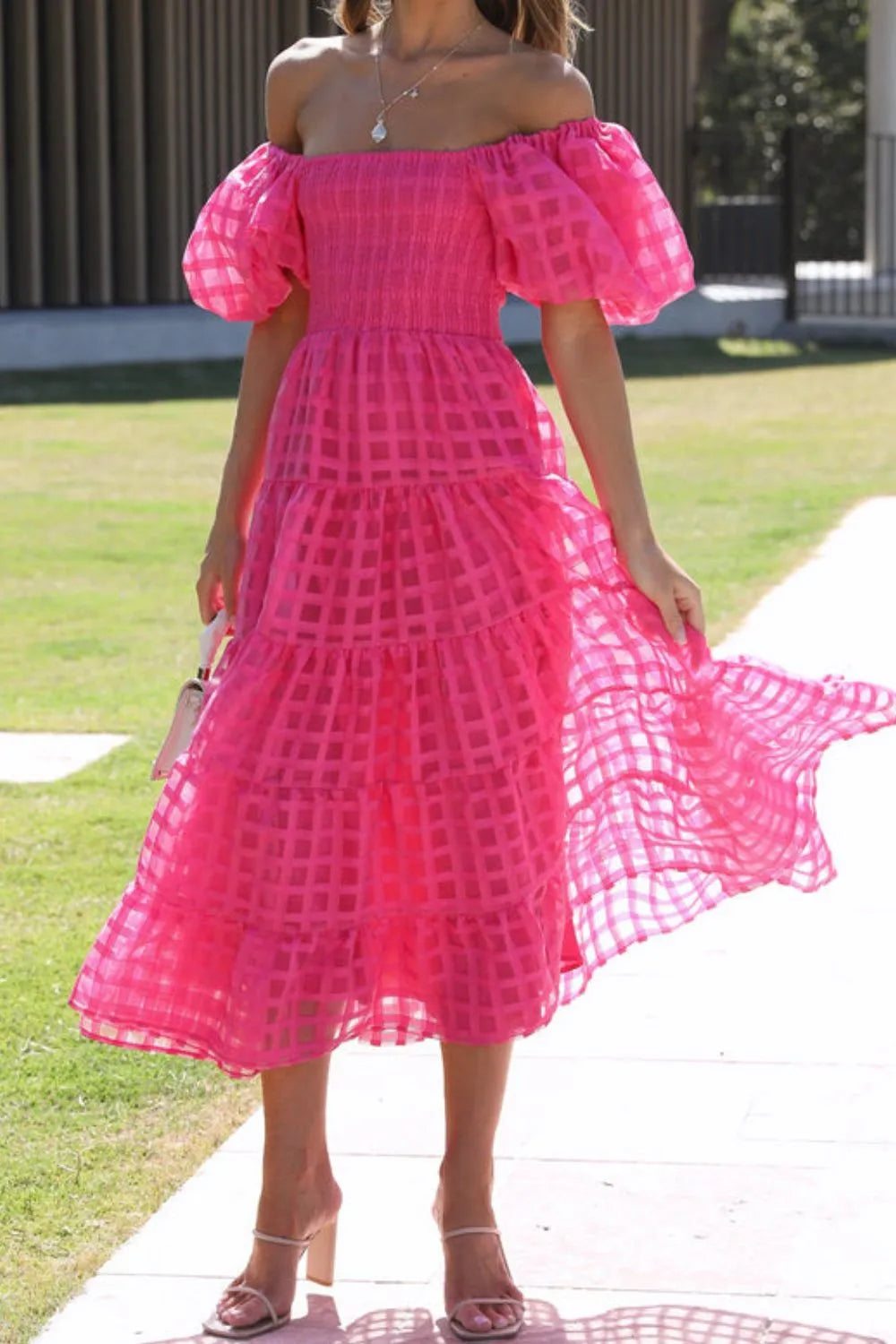 Off Shoulder Short Puff Sleeve Midi Dress