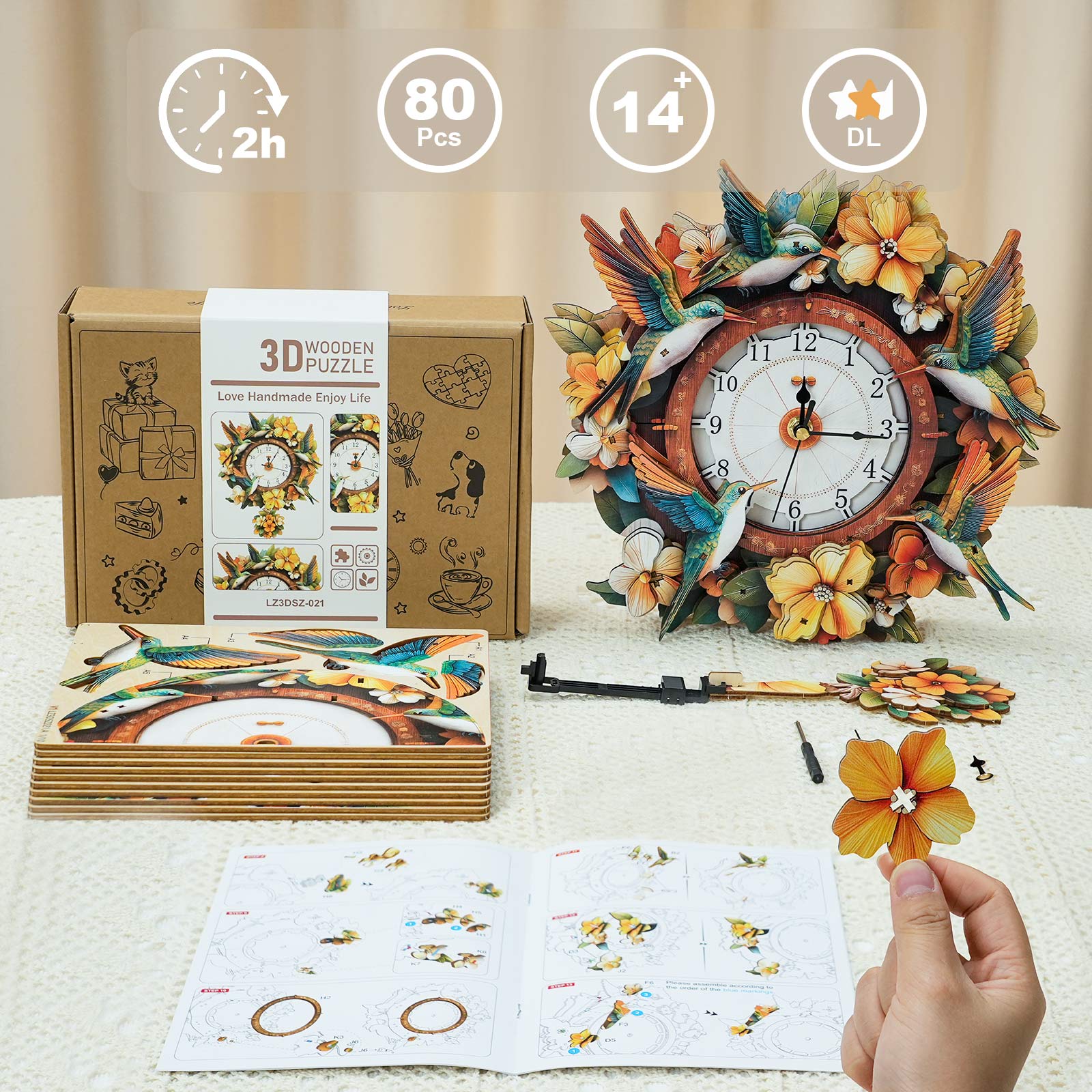 Hummingbirdâ€“ DIY Wooden Clock, 3D Puzzle Craft Kit