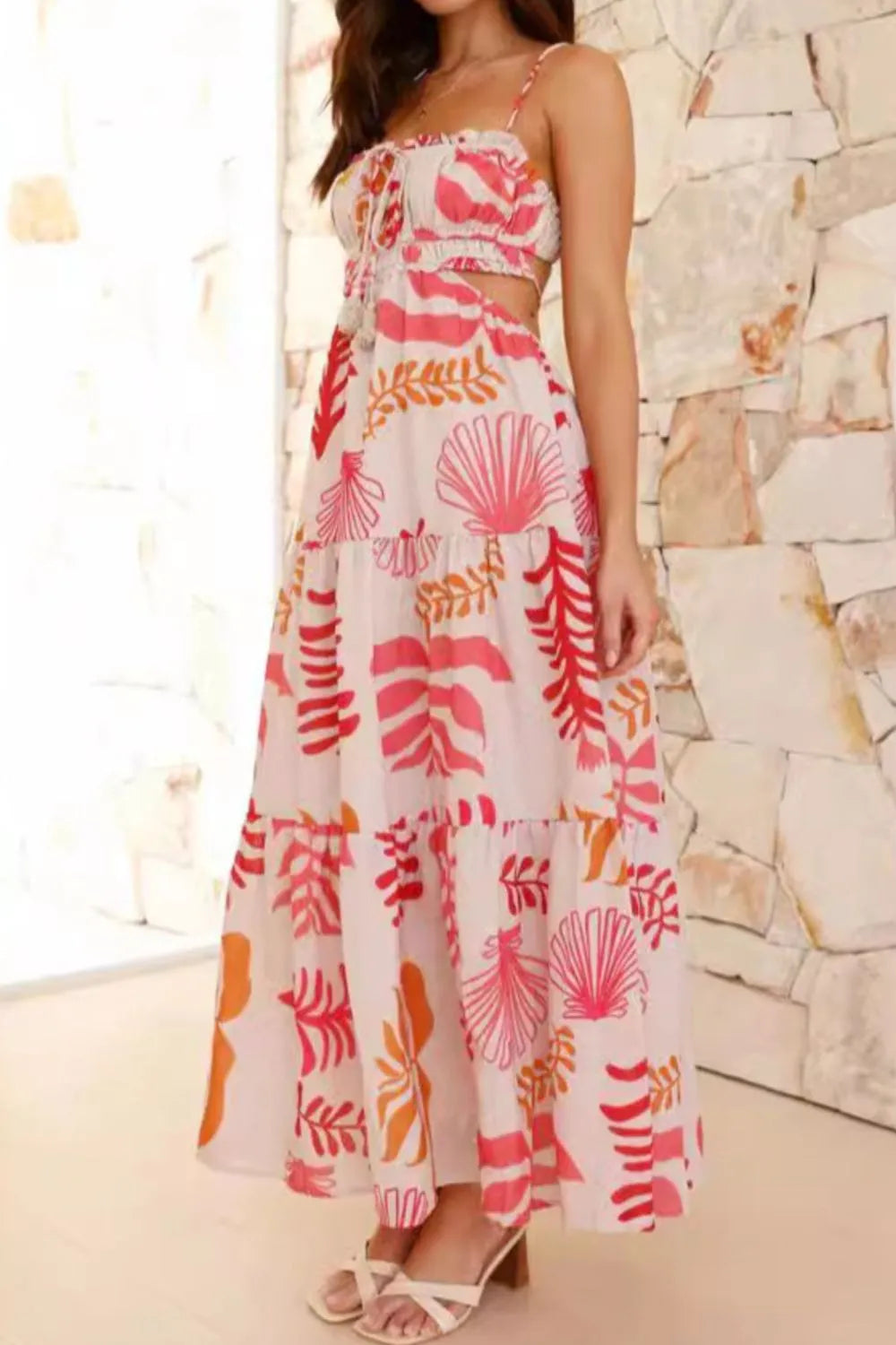 Cutout Printed Sleeveless Midi Cami Dress