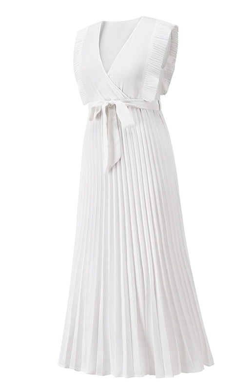 Slim Fit Lotus Leaf Sleeve Chiffon Pleated Skirt Solid Color Dress