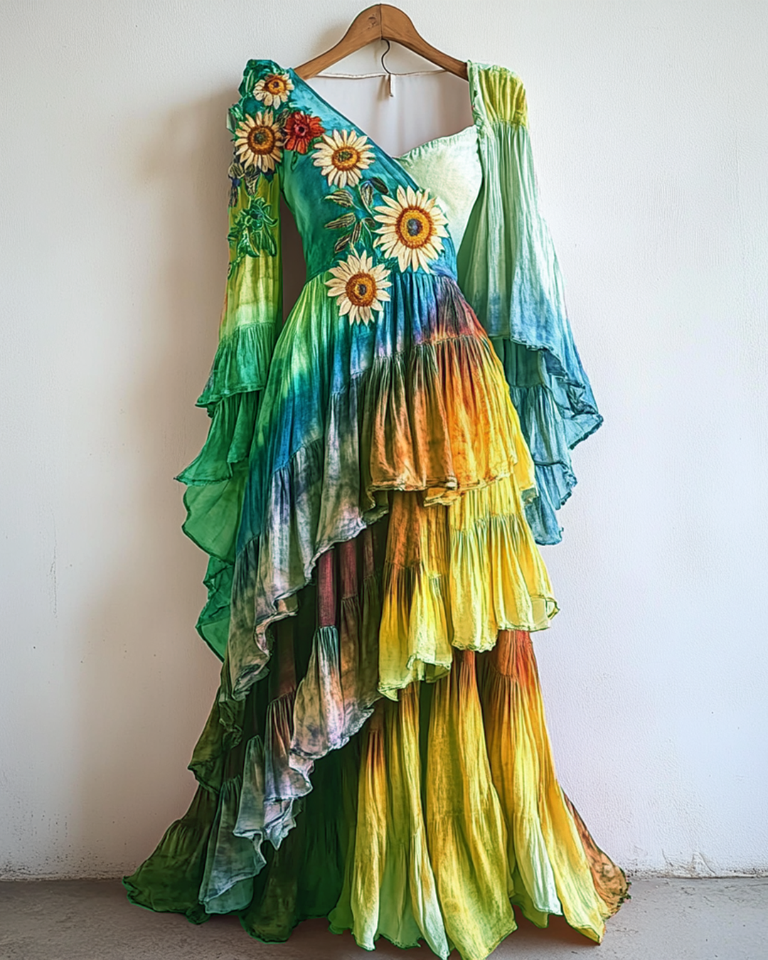 Rainbow Linen Ruffle Daisy Embroidery Irregular Dress 4d6d