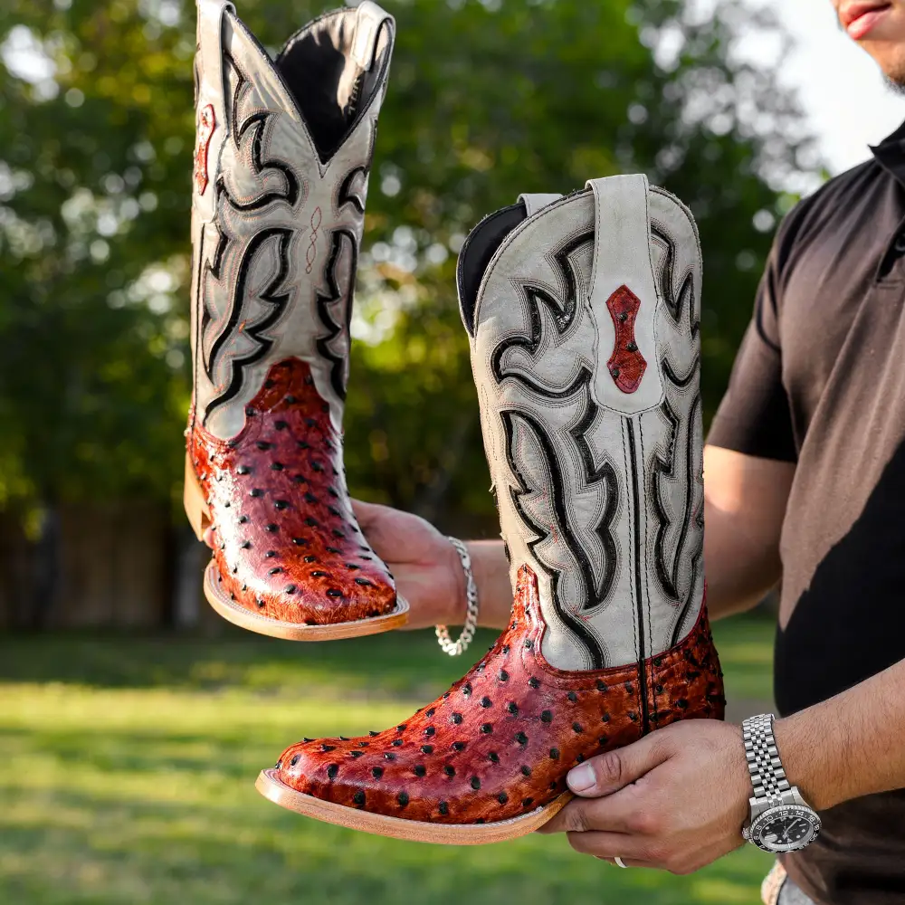 Cognac Ostrich Leather Boots - Square Toe
