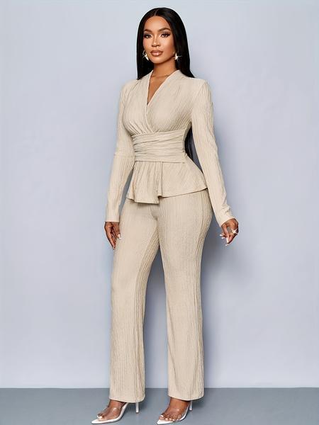 Women’s Elegant Apricot Two-Piece Set – V-Neck Top & Wide Leg Pants