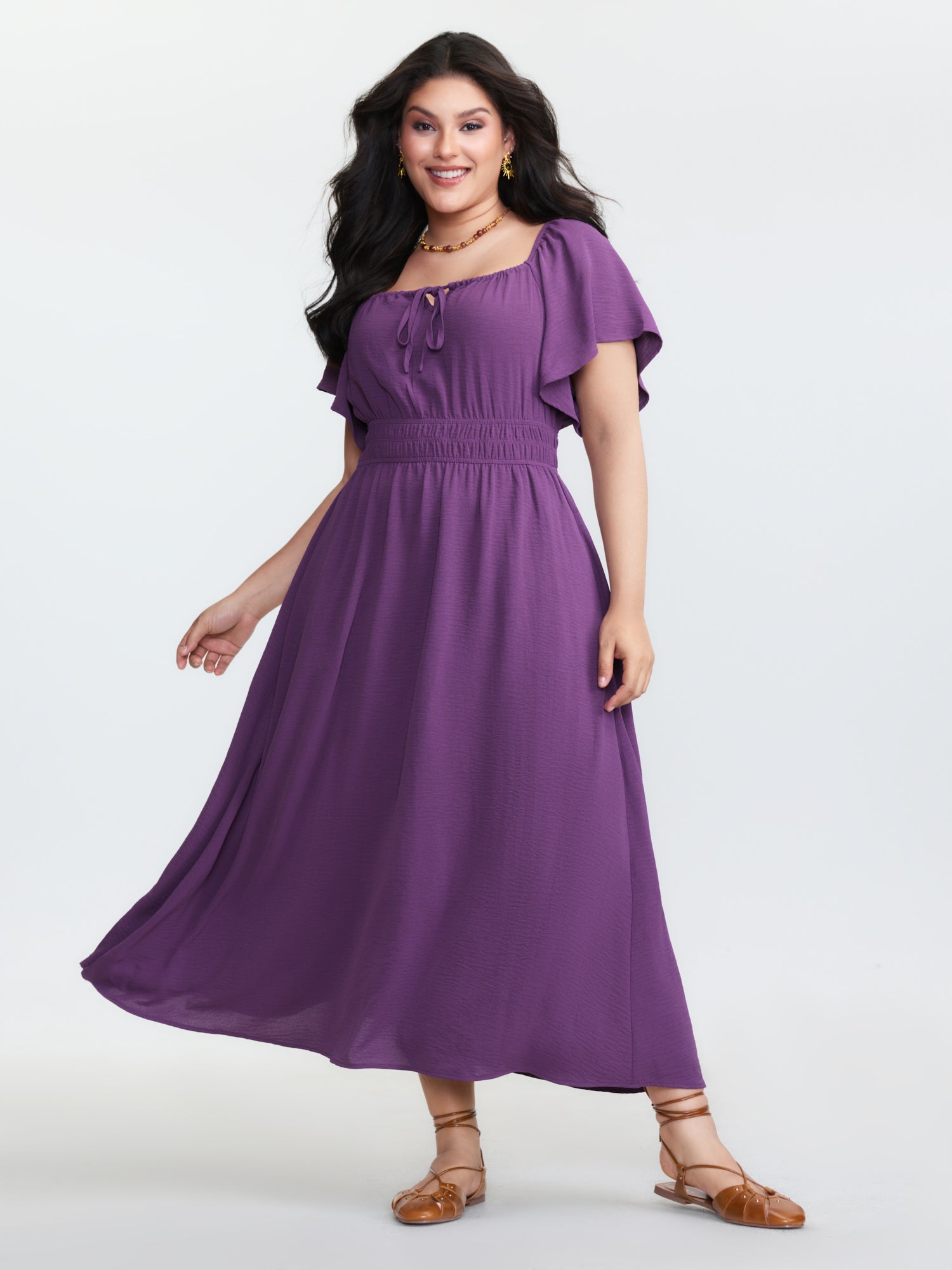 Square Neckline Shirred Waist Maxi Dress