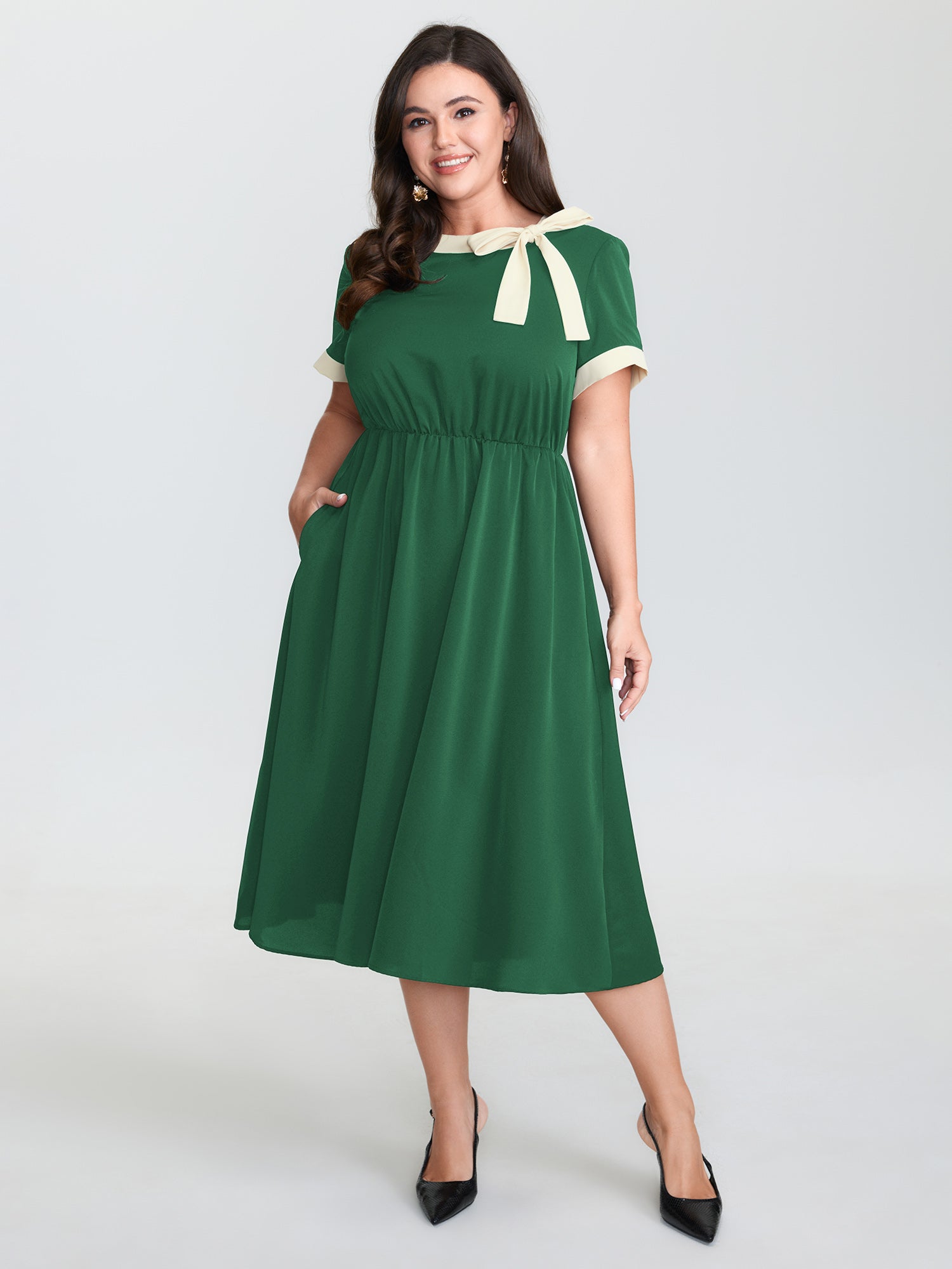 Bow Neckline Stretchy Waist Midi Dress