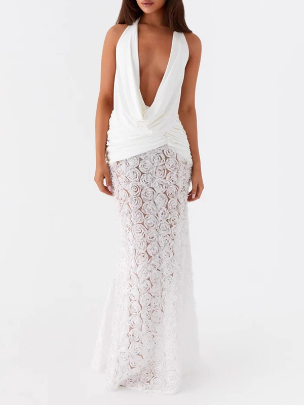 3D Flower Mesh Splicing Sleeveless Halterneck Sexy Memaid Maxi Dresses