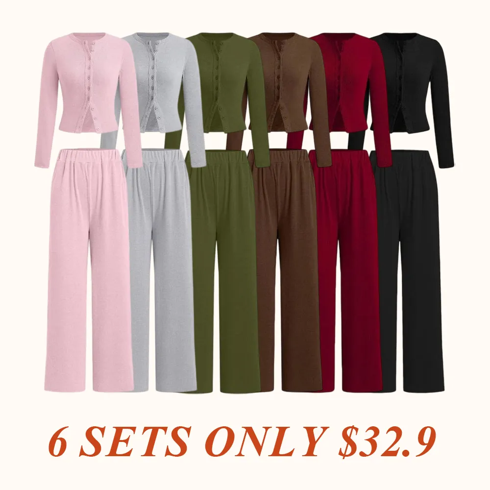 Two-piece Set Women's Solid Button Front Ribbed Crop Top & Elastic Waist Pants
